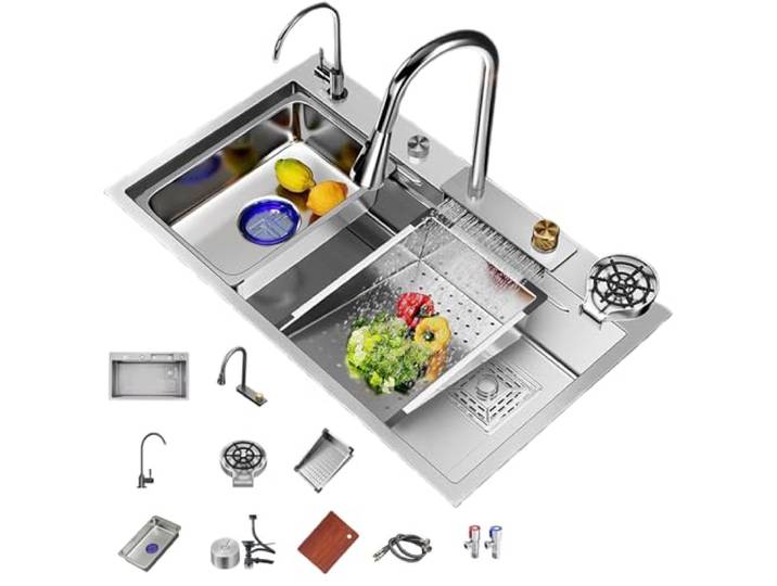 Küchenspüle, multifunktionale, intelligente Einzelspüle aus Edelstahl mit Wasserfall-Wasserhahn, weiße Küchenspüle mit Tassenspüler und 4 Sprühmodi 68 * 45cm/26.7 * 17.7in