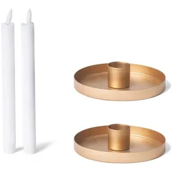 2X Kerzenständer Stabkerzen rund Metall Durchmesser 6cm Gold mit LED-Kerzen Premium Echtwachs Flackereffekt Dochtkerze Kerzenhalter Candle Holder Kerzenpick Adventskranz scandic chic