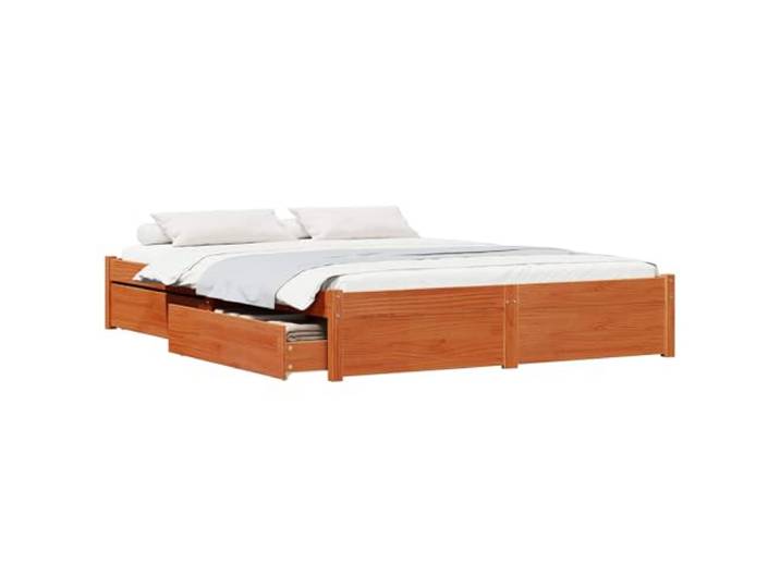 KKgypkn Bettgestell Massivholz Kiefer 150x200 cm mit Stauraum Schubladen, Bettrahmen Wachsbraun, rechteckiges Stauraumbett mit Rollschubladen für Schlafzimmer