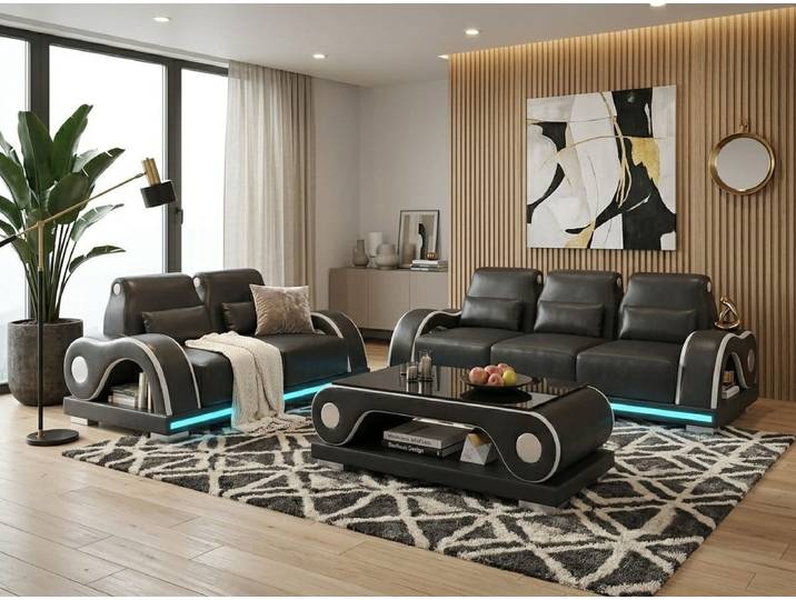 JVmoebel Polstergarnitur Sofa Set 3-Sitzer 2-Sitzer Schwarz LED Wohnzimmer Couch Design Möbel *, (Sofa Set, 2-tlg., 2-tlg)