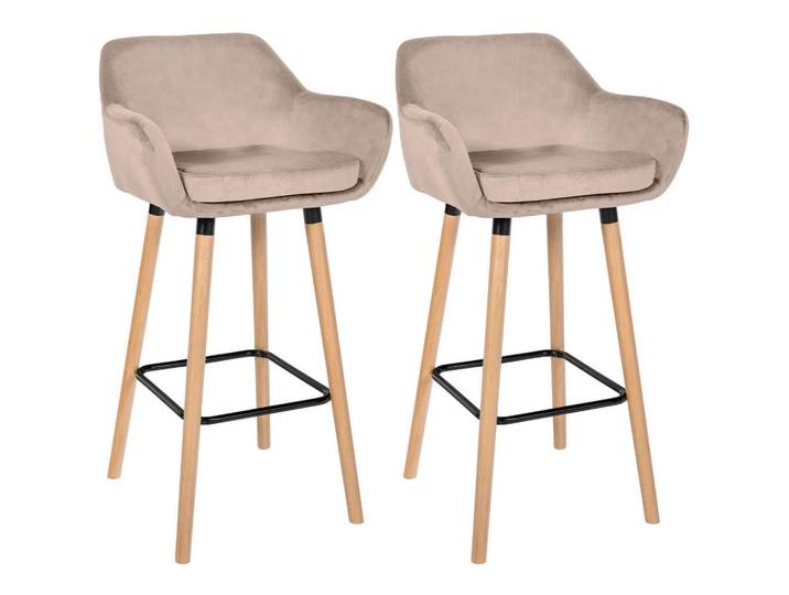 CLP Barhocker 2er Set Samt Hellgrau, Holz, 55x99x46 cm, Esszimmer, Barmöbel, Barhocker
