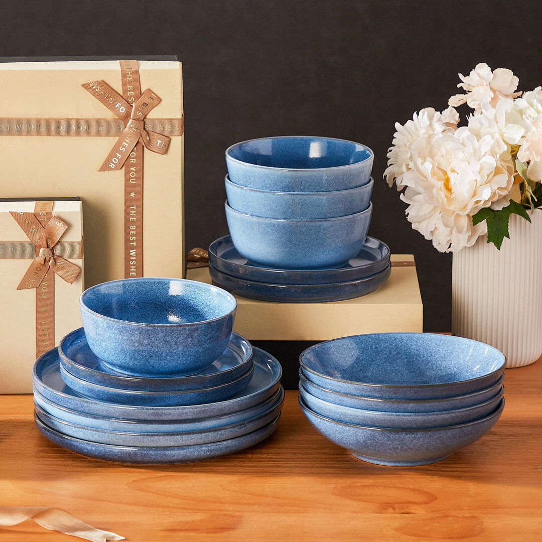 Vancasso 16 Pieces Dinnerware, Pocelain Round Plate, Dinner Plate, Dessert Plate, Soup Bowl And Bowl With Vertical Edge, Serve For 4 Person, Blue Blue 12