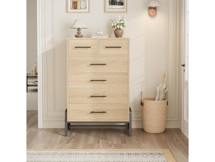GarveeMore Kommode 6 Schubladen Mit Metallgestell, Holzoptik, 119 cm 6 Schubladen Schmale Hohe Kommode U-förmiges Metallgestell Holzoptik Platzsparend Für Kleine Räume