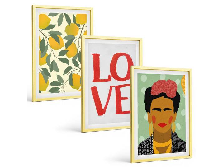 Tulup Bilder SET 3er Set - 40x60 cm Goldrahmen - Lemons Love Porträt von Frida, Goldfarben, Kunststoff, Rechteckig, 40x60 cm, Fotografie, Bilder & Rahmen, Bilder