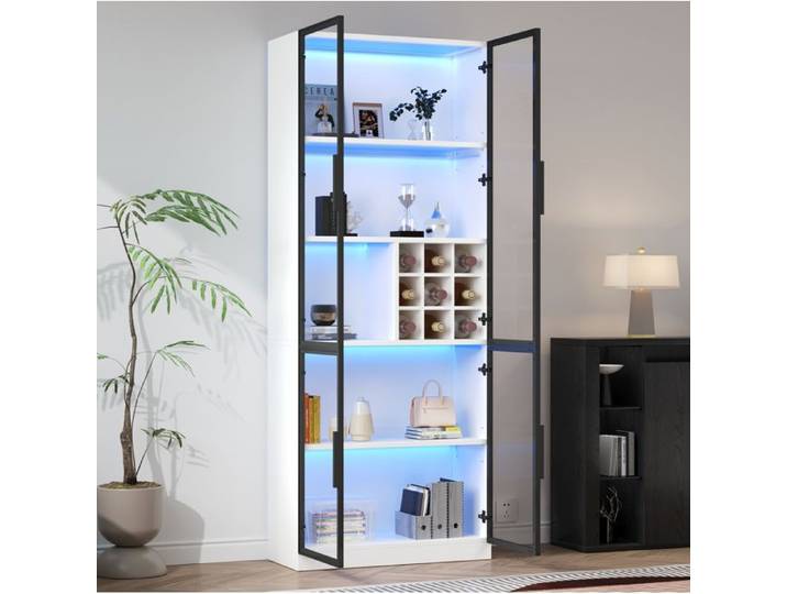 Maisentiel Vitrine haute blanche 80 x 35 x 200 cm 2 portes vitrées LED et meuble à bouteilles