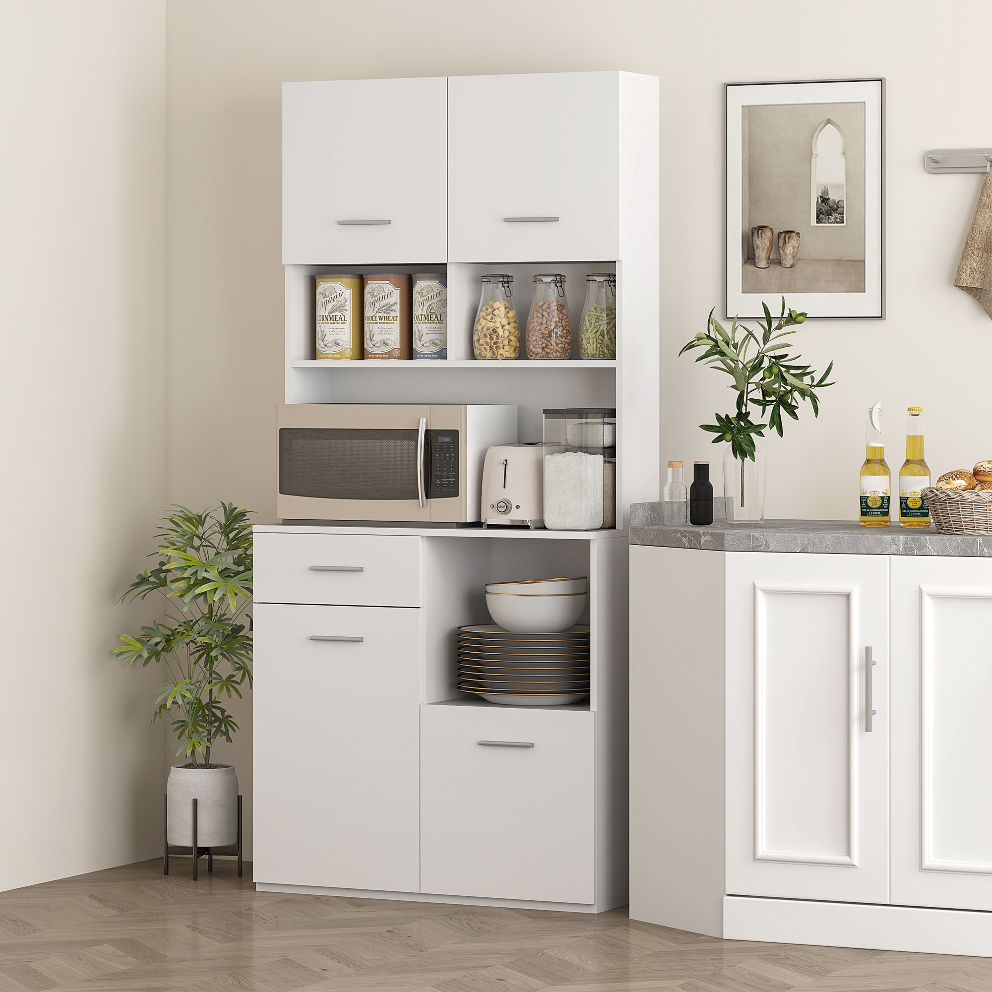 Homcom Mobile Dispensa in Legno con Cassetto, 4 Armadietti e 3 Ripiani Aperti, 80x35x180 cm, Bianco