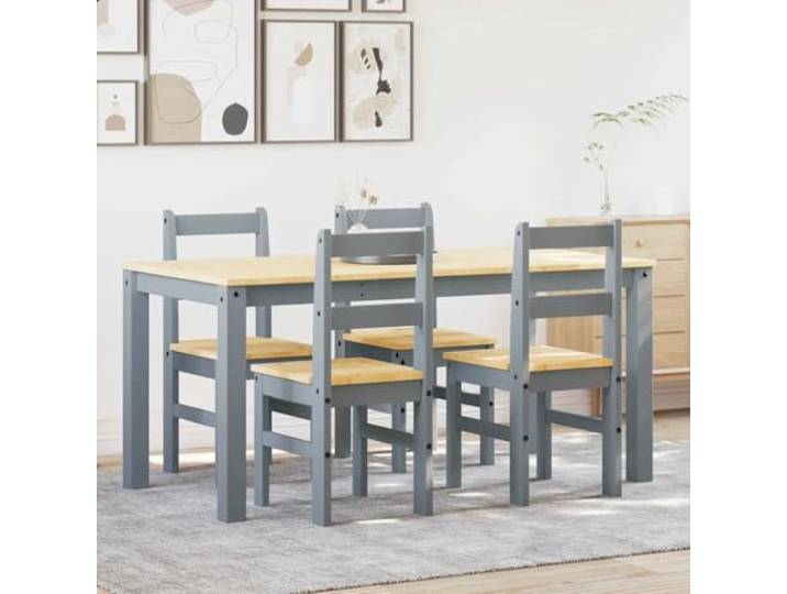 Molumvel 5-TLG. Essgruppe Kiefernholz Esstisch & 4 Stühle Grau Robustes Massivholz, Minimalistisches Design, Vielseitig einsetzbar