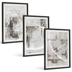BILDER SET 3er Set - 40x60 cm Schwarzer Rahmen - Graue Holzmaserungsmuster