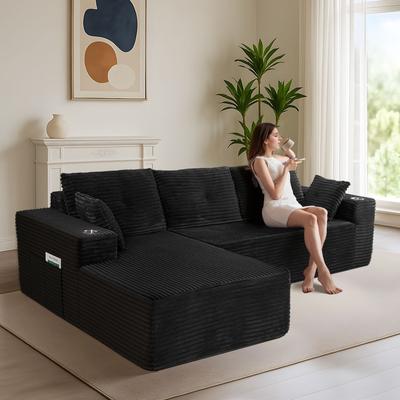 COSMOGO No Assembly Required Plush Corduroy Sofa, 2-Piece Sleeper Sofa with L-Shape Chaise