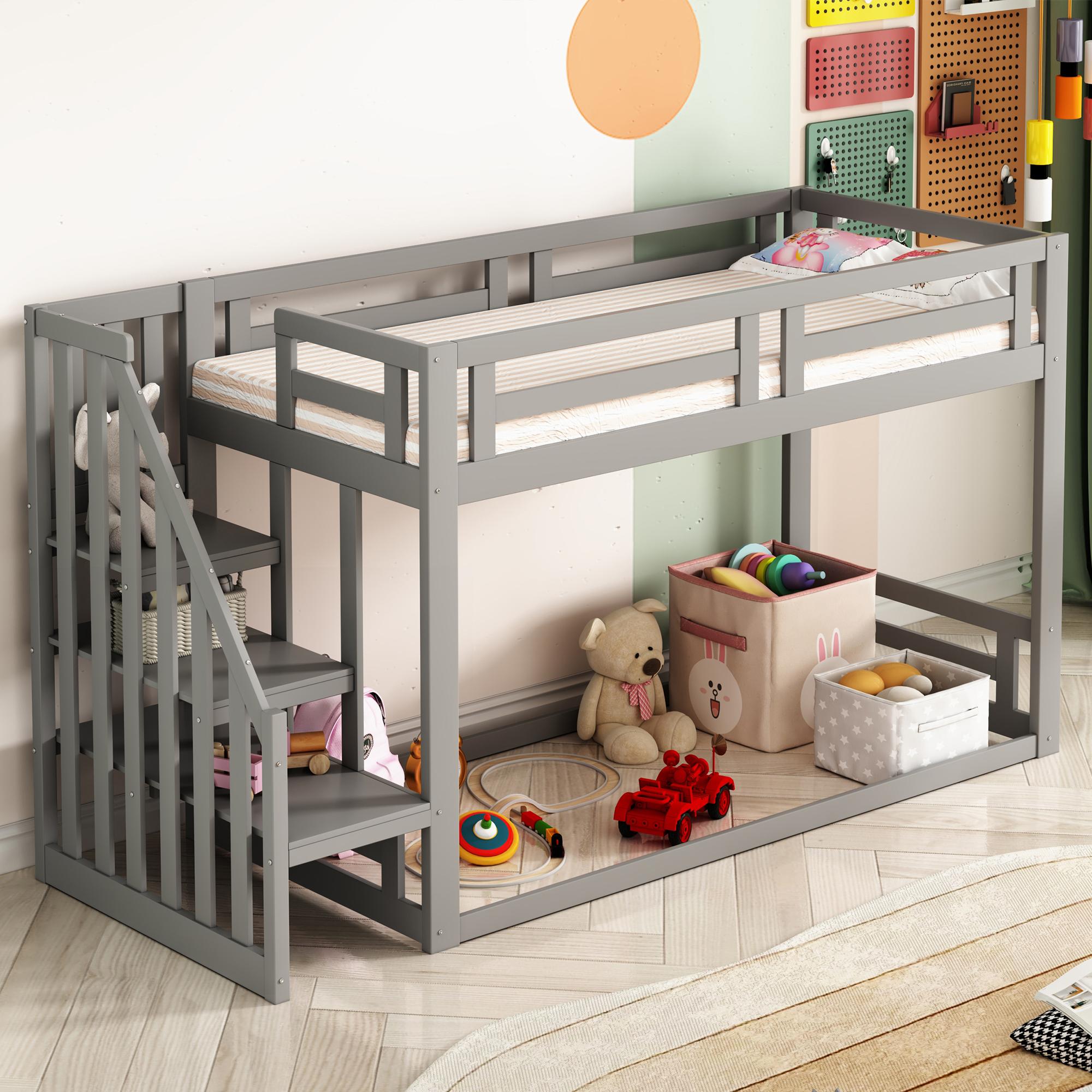 okwish Kinder-Etagenbett 90*200cm, Hochbett mit Sicherheitstreppe, stabiler Lattenrost aus Massivholz, Grau