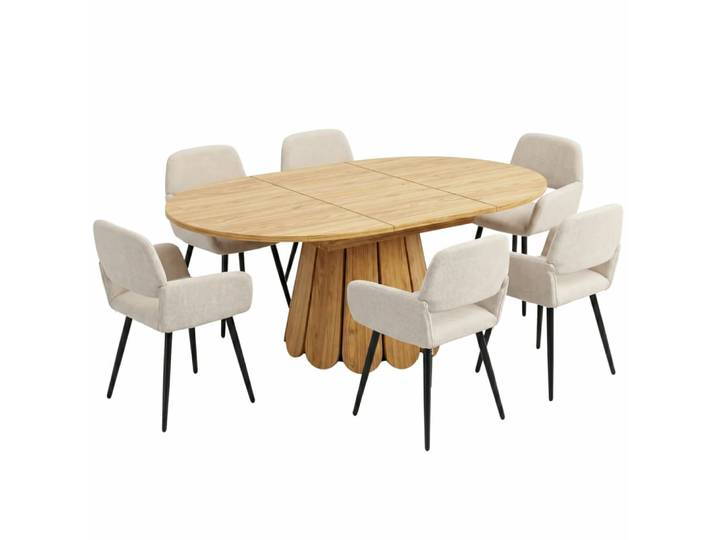 Ensemble table ovale extensible en bois et 6 chaises crème