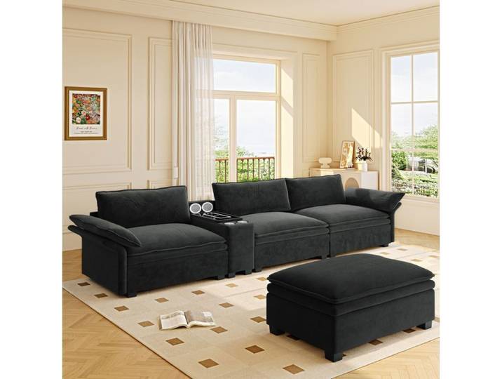 Canapé modulable 3 places en chenille noir avec ottoman recharge sans fil
