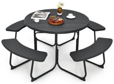 Costway 8-Person Outdoor Picnic Table and Bench Set with Umbrella Hole-Black