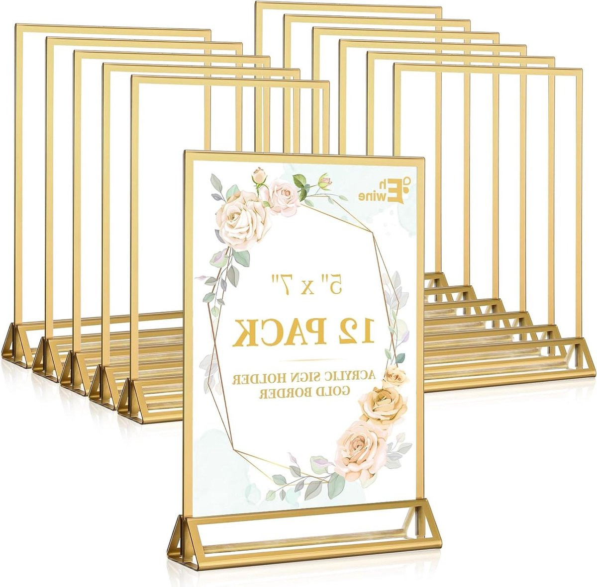 Dubbelzijdige transparante acryl bordhouder voor menu of fotolijst met gouden details, 5x7 inch