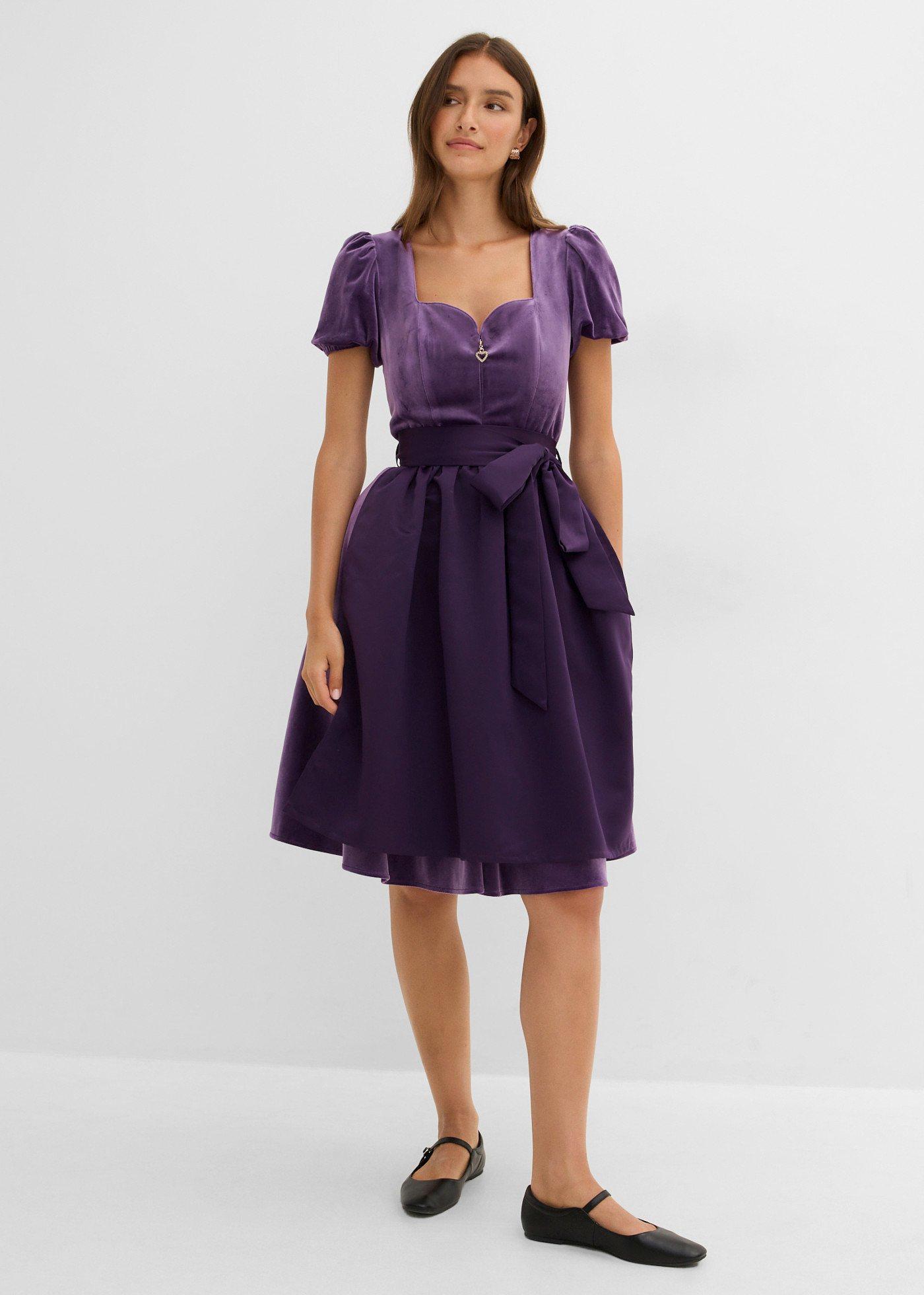 bonprix Dirndl und Schürze (2-tlg.Set), lila, Gr.42, Modern und feminin: Dirndl aus Samt mit herzförmigen Ausschnitt und Ballonärmel sowie einer Schürze aus glänzendem Satin