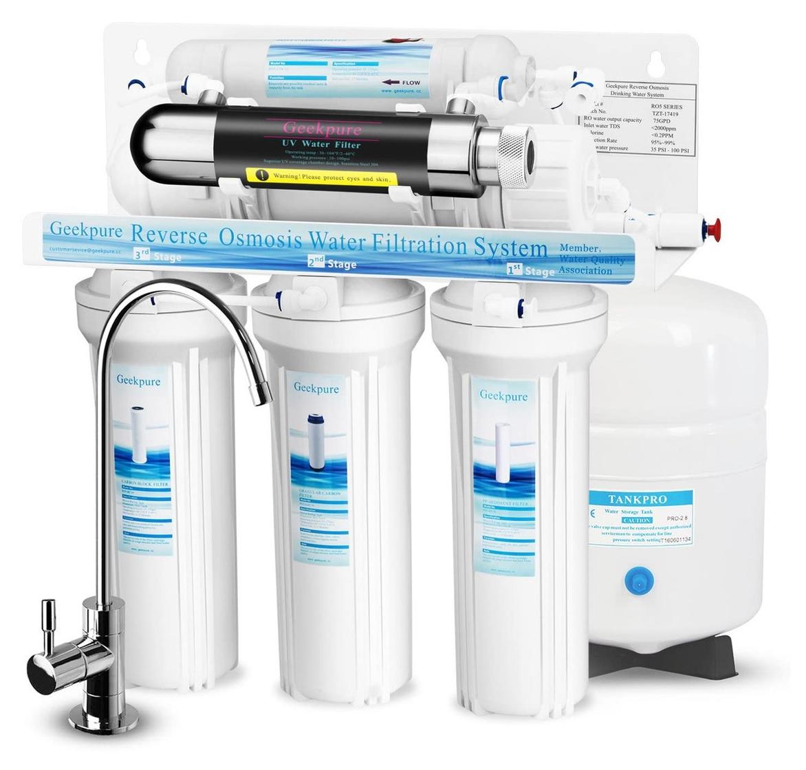 Umkehrosmose Trinkwasserfilter Wasserfilter - 6-stufig - UV-Filter - 75 GPD - Bleifreier Wasserhahn