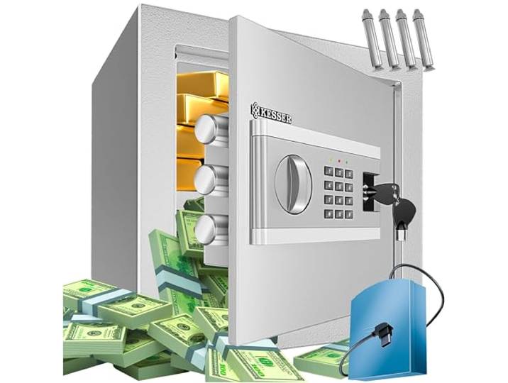 KESSER® Elektrische kluis, batterijbehuizing inbegrepen, elektronische kluis, drievoudige vergrendeling met dubbele bout, wand- of vloerkluis, vrijstaande kluis, L, zilver