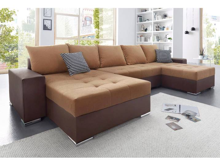 Wohnlandschaft, Kunstleder SOFTLUX®, Braun, 333×161 cm, U-Form, Mit Bettfunktion & Bettkasten, COLLECTION-AB