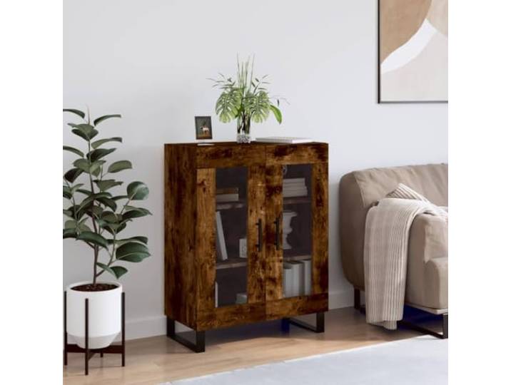 RJPLMFV Anrichte Eiche rauchfarben, 69,5 x 34 x 90 cm, Holz Design aus Glas, Metallfüßen, großer Stauraum, Wandbefestigung inklusive