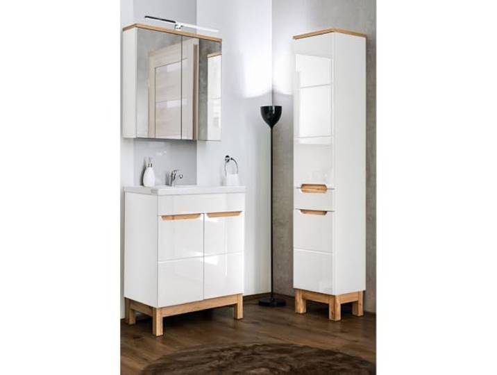 Lomadox Badmeubel, wasplaatset in hoogglans wit met eiken, 60 cm keramische wastafel, led-spiegelkast, hoge kast