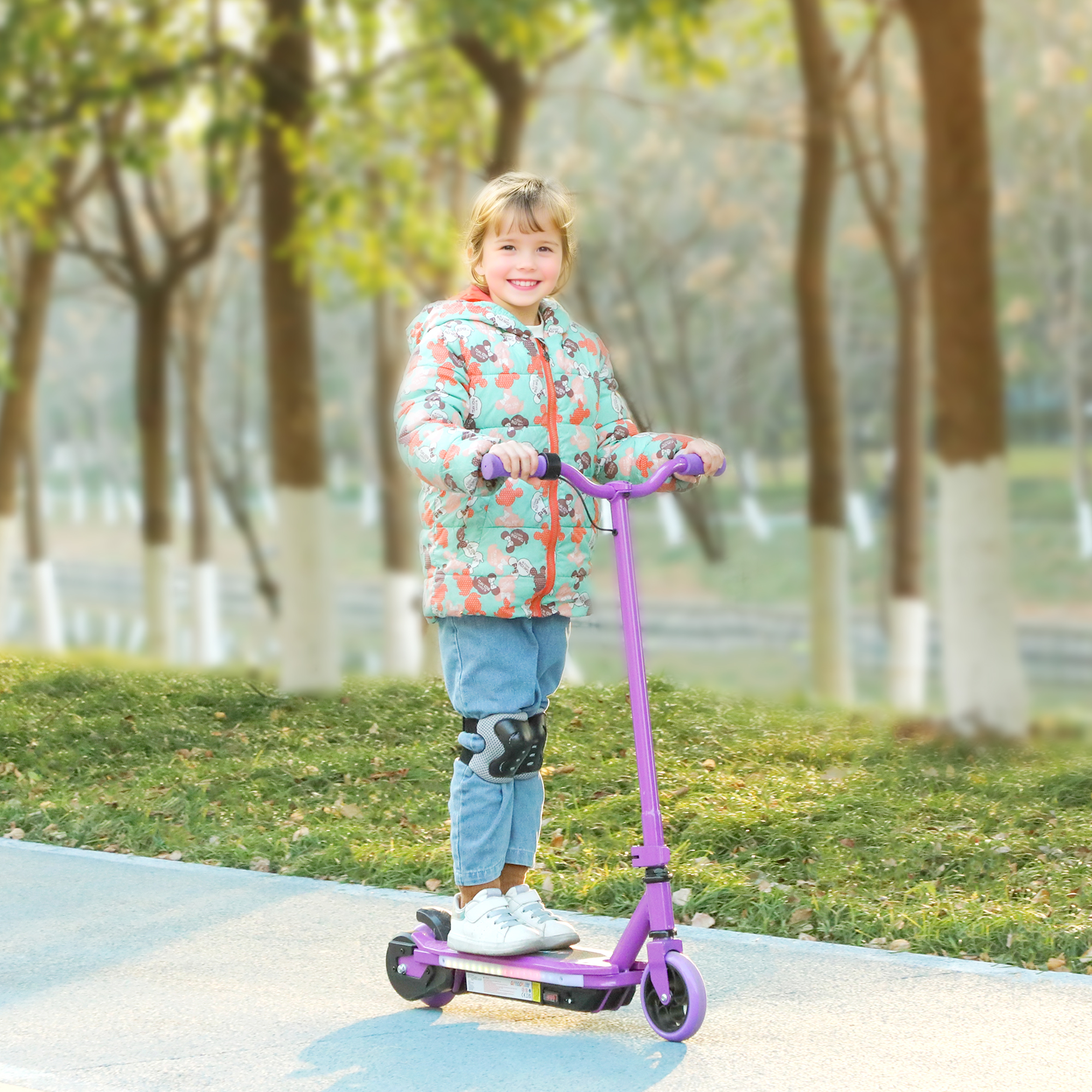 Aiyaplay Monopattino elettrico per bambini 6-14 anni, velocità massima 10 km/h, luci LED colorate, freno elettrico, viola   Aosom Italy
