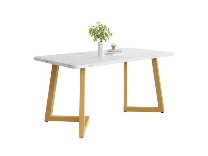 Table Rectangulaire Blanche Luxe Cadre Métal Doré 117x68 cm Salle à Manger Moderne Design Léger