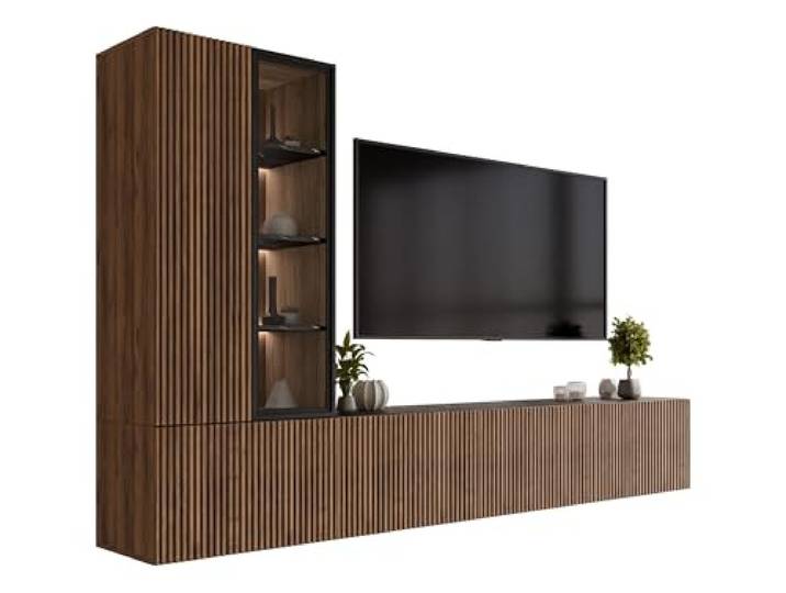 Mirjan24 Wohnwand Tiwori mit LED-Beleuchtung (Nuss Warmia + Marmor Schwarz) Wandhängendes Wohnzimmer-Set mit dekorativen Rillenfronten, griffloser Öffnung, inklusive Füßen, B/H/T: 260/155–157/41 cm