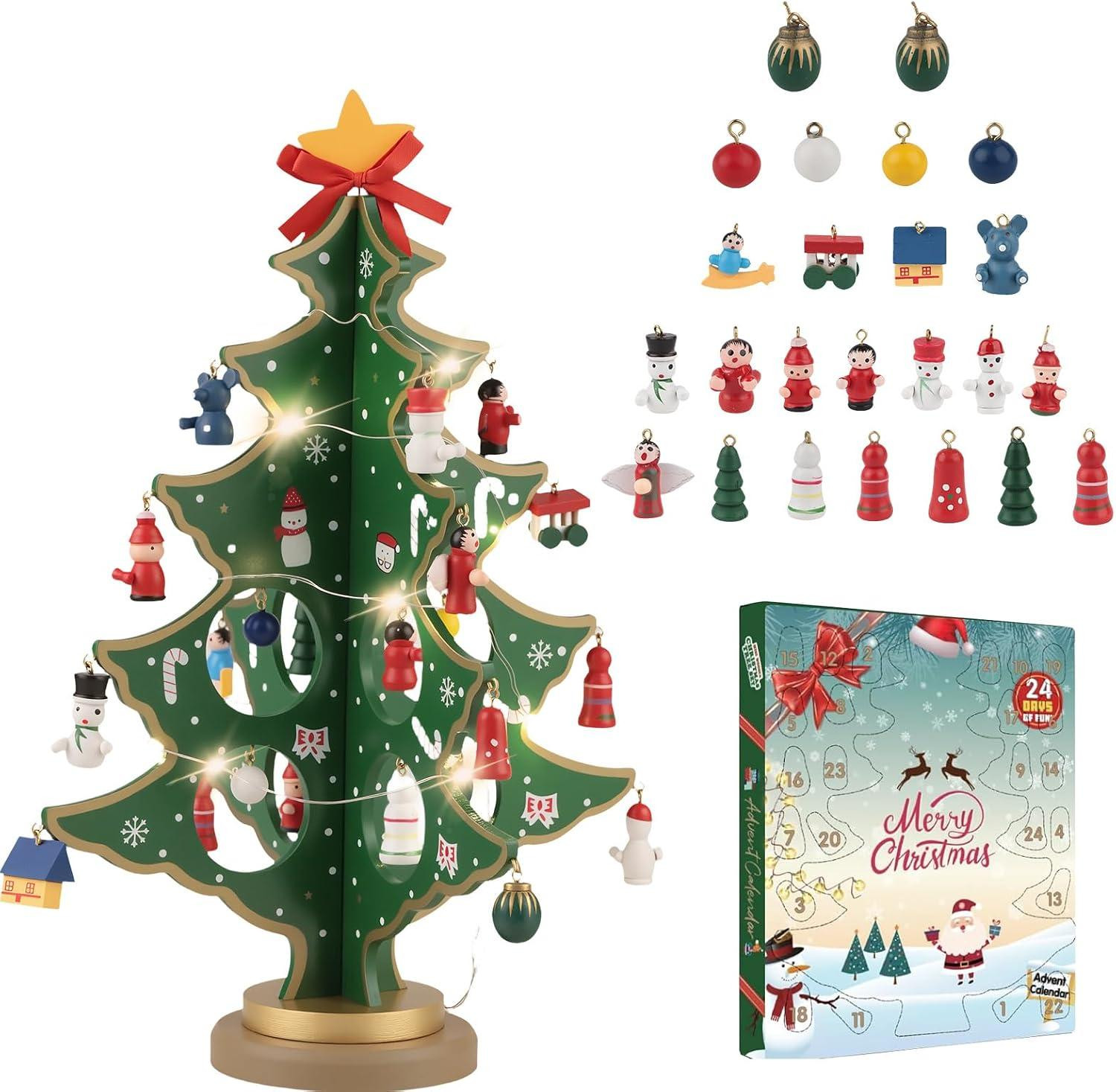 oCreon Houten Kerstboom Adventskalender voor Kinderen met Ornamenten