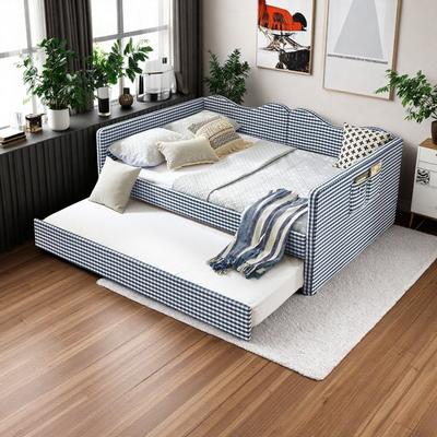 ZWYO HOSIMU Full Gingham Upholstered Daybed with Pull-Out Trundle & Side Storage Pocket for Kids Room Guest Bedroom