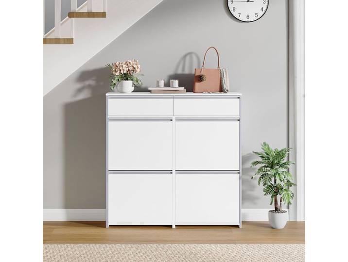 Meuble à Chaussures Étroit avec 4 Battants Étagère à Chaussures avec Tiroir Meuble à Chaussure Séparateur Réglables Blanc-Argent