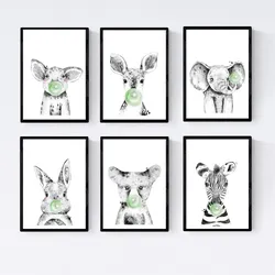 POSTER Set Mit 6 Tiere Babys Mit Kaugummi Elefant