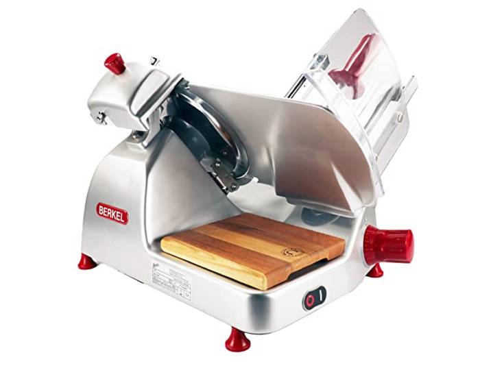 Berkel Aufschnittmaschine Pro Line XS 25 in Silber, Profi Allesschneider für Ihre Küche - Höchste Präzision und Leistung +100% handgefertigtes Fassholzbrett Unikat aus Eiche