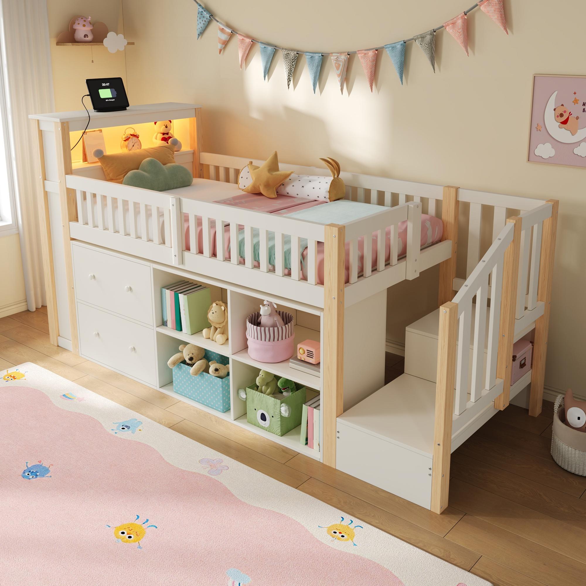 Flieks Etagenbett 90x200cm mit Led, Kinderbett Hochbett mit Ladefunktion, Kinder Hochbett mit Schubladen und Staufächern, Stockbett Holzbett Holzfarbe
