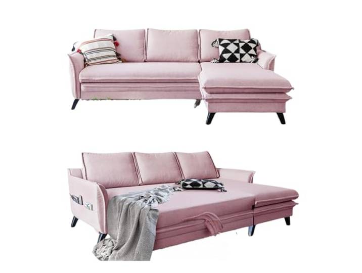 MIUFORM Charming Charlie, 4er Ecksofa mit Schlaffunktion, Rechts, Puderrosa Schlafsofa mit Bettkasten und Bettfunktion, 4 Sitzer Sofa L Form, 228x150x90cm, Couch mit Schlaffunktion, Sofa Bed Klappbar