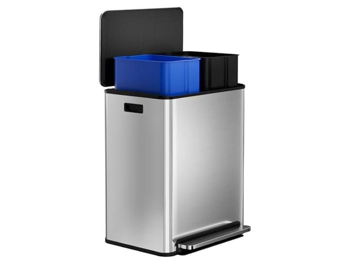 IDEALHOUSE Mülleimer Edelstahl 2x30L, Mülltrenner, Treteimer, Silber, 67 cm Edelstahl mit Tretpedal, 2 Inneneimer in Schwarz und Blau, 60 Liter, Stahldeckel geruchsdicht, für Küche, Büro und Recycling