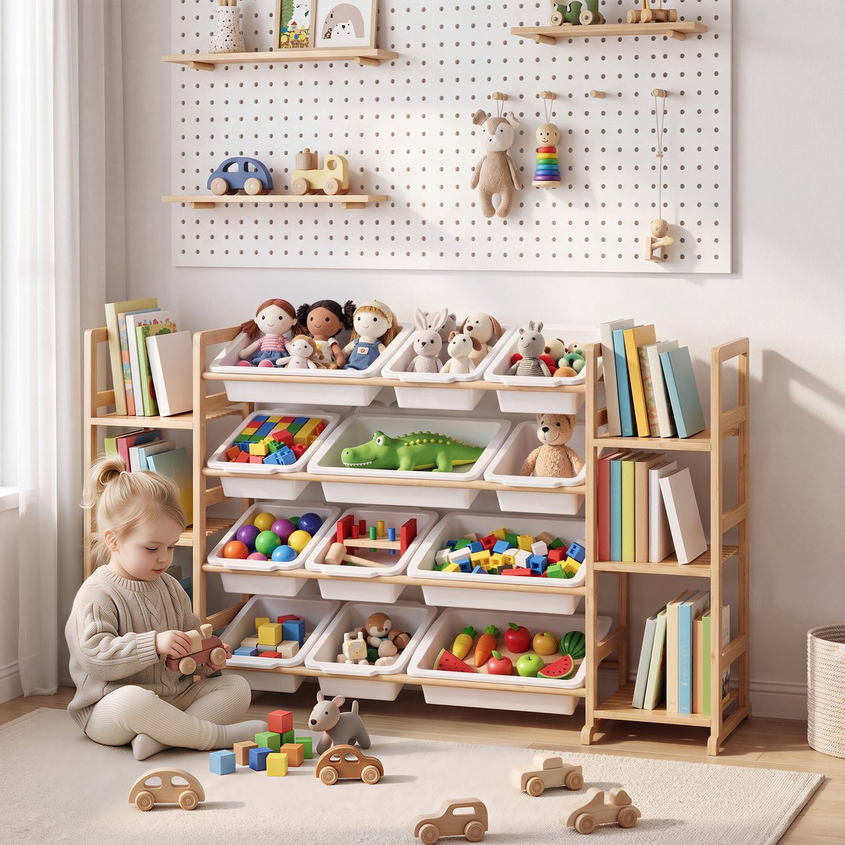 Bealife AP132 Kinder Opbergmeubel van Bamboe met 9 Planken en 12 Kunststof Opbergbakken