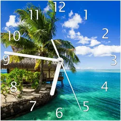 Wallario Uhr 30 x 60 cm, weiße Zeiger Karibisches Meer ? Einsame Hütte unter Palmen