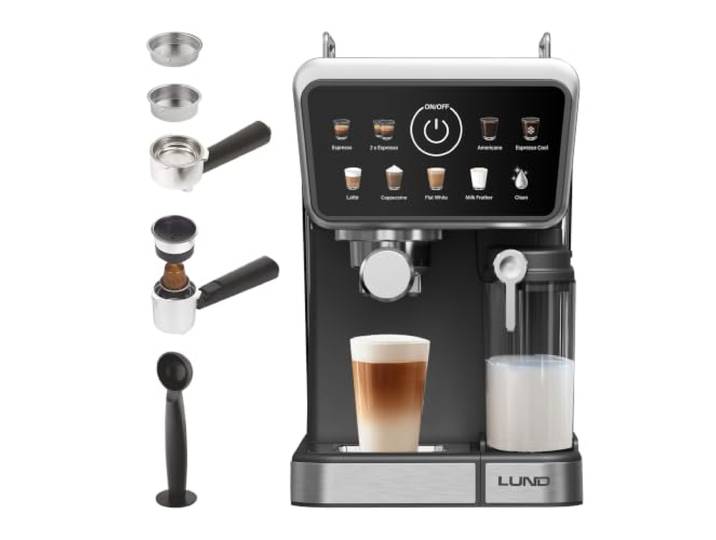 LUND Espressomaschine Kaffeemaschine 20 bar Siebträger Kapselmaschine für Latte, Cappuccino, Espresso mit Milchaufschäumer, 1350W, LED-Anzeige Touch-Display 9in1