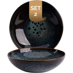 palmer Eccentric große tiefe Teller - 2er-Set, Steinzeug, Ø 22 cm, blau schwarz braun umrandet, für Pasta, Suppe oder als Servierteller