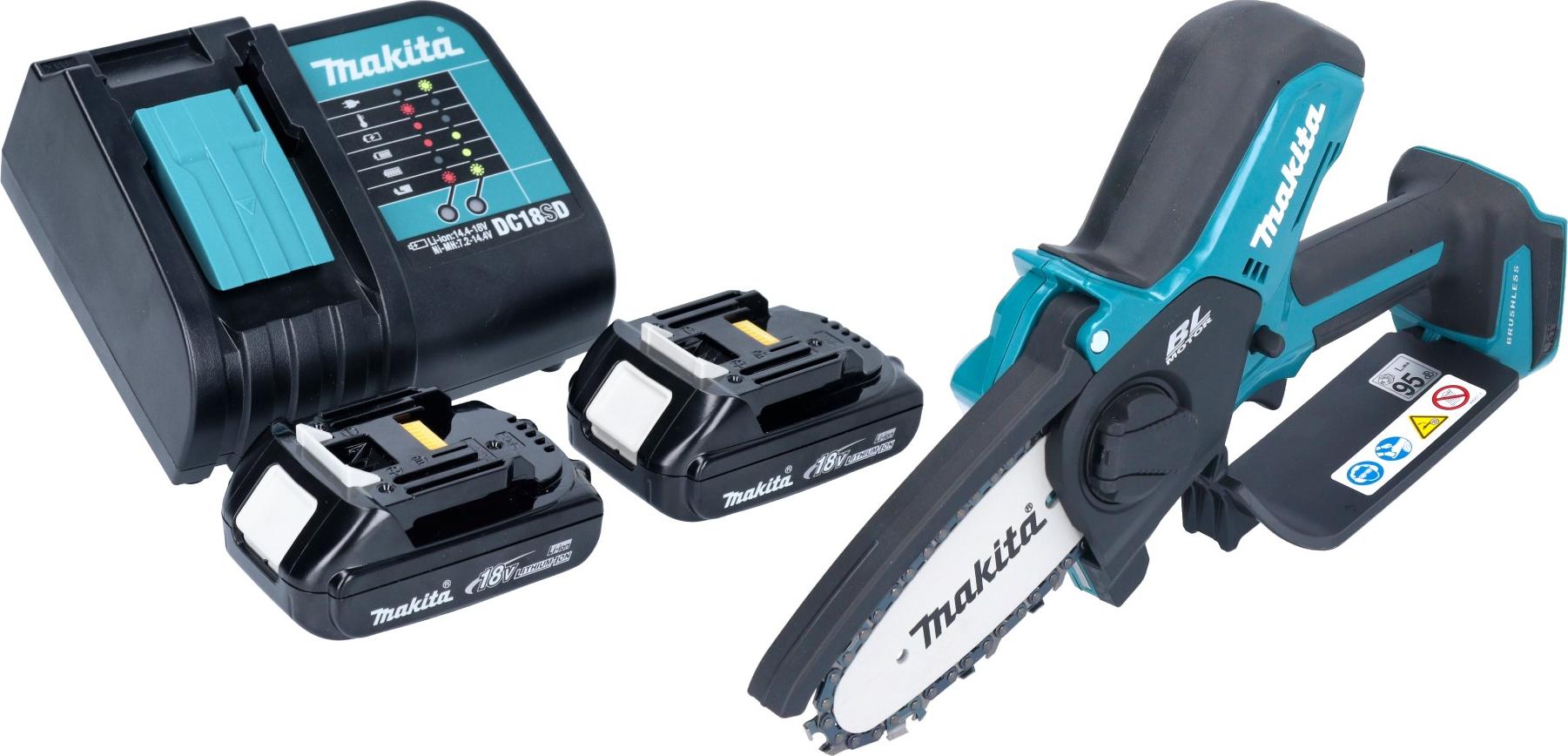 Makita DUC 101 SY201 Akku Astsäge 18 V 10 cm Brushless + 2x Akku 1,5 Ah + Ladegerät