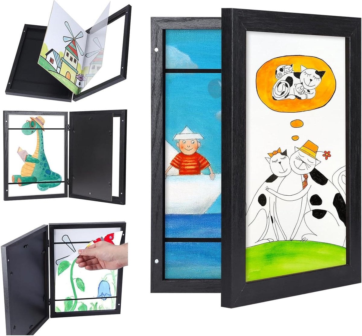 Zwarte Kindertekening Fotolijst met Frontopening en Scharnier voor A4 Kunst - Display voor Kindertekeningen
