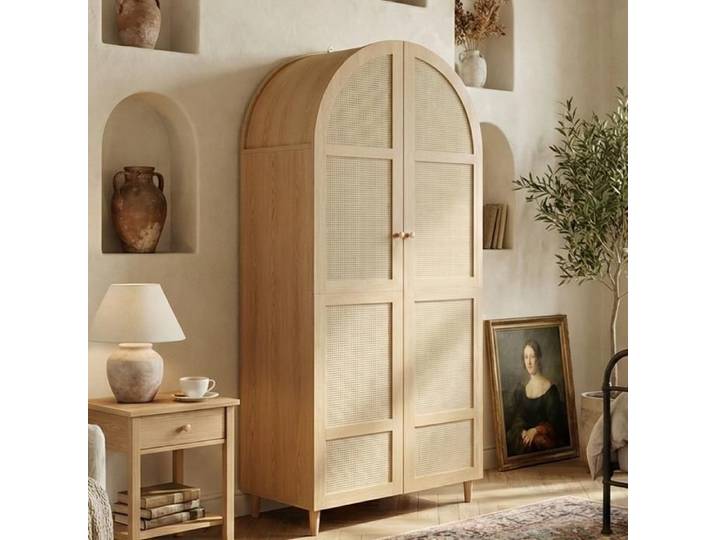 Armoire 80x50x179cm - Porte en Rotin Arqué - Penderie & Tiroir - Style Boho Chic - Panneaux de Particules et MDF - Naturel