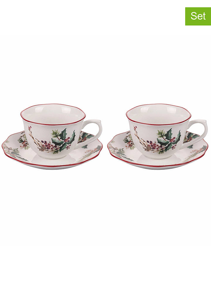 Villa d´Este 2er-Set: Jumbotassen ''Vintage Xmas'' in Creme/ Grün/ Rot - 380 ml - onesize