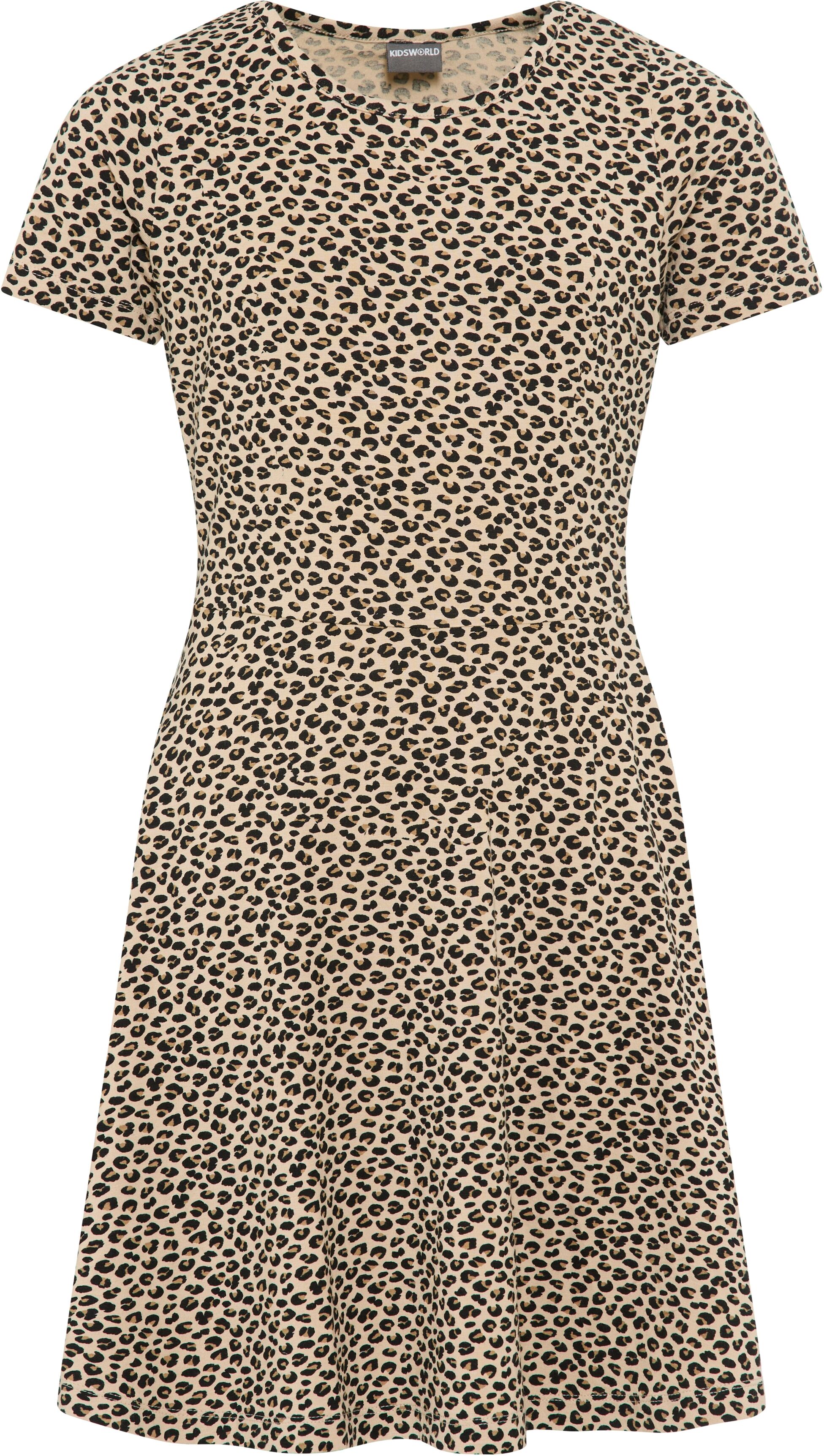 Jerseykleid KIDSWORLD "Shirtkleid in Leo-Musterung", Mädchen, Gr. 128/134, N-Gr, gemustert leo, Jersey, Obermaterial: 95% Viskose, 5% Elasthan, figurumspielend knielang, Rundhals, Kleider Jerseykleid, Shirtkleid in Leo-Optik, unten austestellt gemustert l