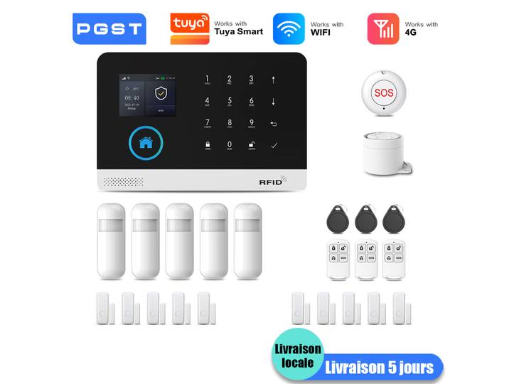 PGST kit alarme anti intrusion intelligent WiFi 4G Works with Tuya Smart Life système de sécurité sans fil pour maison appartement bureau contrôle par application installation facile sans frais