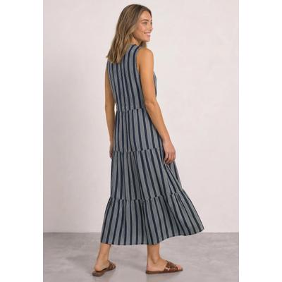Maxikleid STREET ONE, Damen, Gr. 38, N-Gr, ohne Ärmel, Web, blau (schwarzest blau), Web, Obermaterial: 100% Viskose, bedruckt, bequem 7/8-Länge, V-Ausschnitt, abgesteppte Kante, Kleider Maxikleid, Sommerkleid mit Volants und Streifenmuster