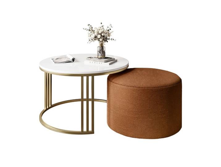 COUCHTISCH mit Hocker LORI Hochglanz gebürstetes Gold/weißer Glanz/Perfect Harmony 52