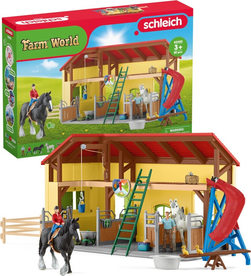 Schleich Farm World 42485 Stable met dieren en boxen, 82-delige set