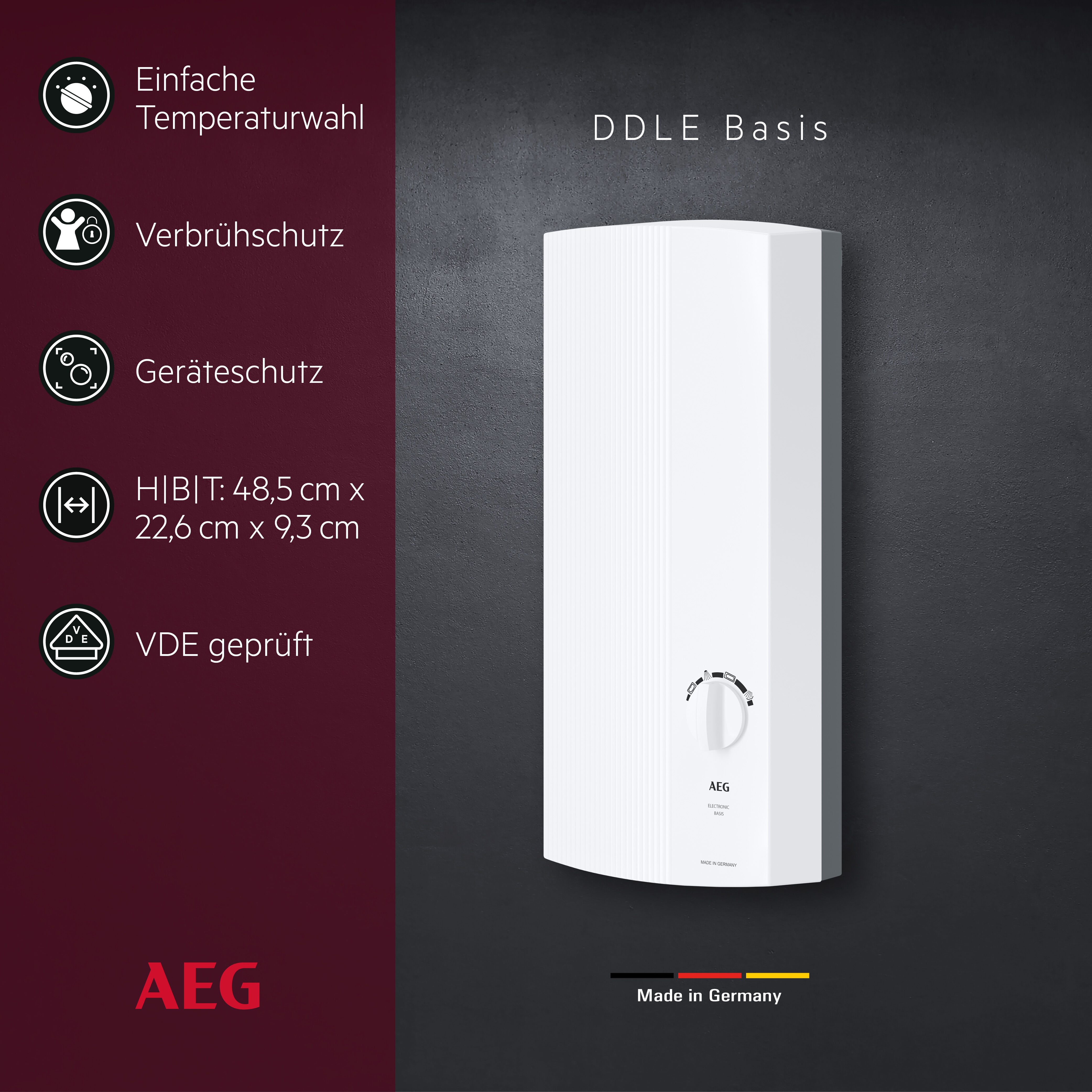 Komfort-Durchlauferhitzer AEG HAUSTECHNIK "DDLE Basis", weiß, B:22,6cm H:48,5cm T:9,3cm, Durchlauferhitzer, Komfort-Durchlauferhitzer, 27 kW, stufenlose Temperaturwahl durch 4 Anwendungssymbole