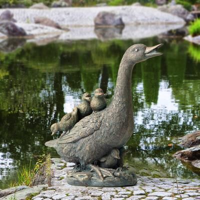 "Glitzhome 15""H Resin Faux Bronze Duck Garden Statue Outdoor Decor"